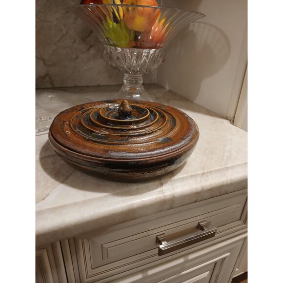 Pottery Serving Platter w Lid Exotic Party Holiday Rustic Cottagecore Farm Artsy - Picture 11 of 16